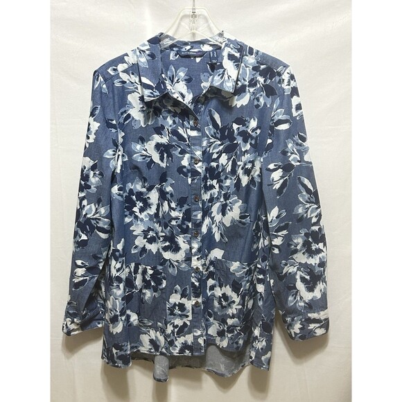 Isaac Mizrahi Tops - Isaac Mizrahi Live Womens 14 Long Sleeve Blue Floral Button Up Top